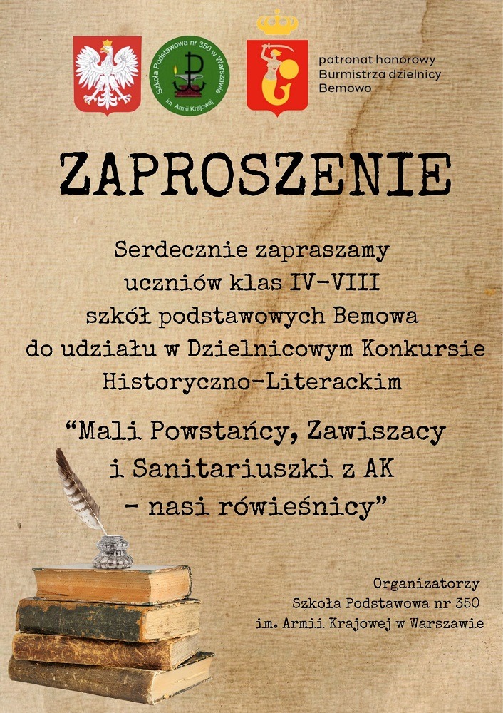 Plakat z zaproszeniem uczniów klas 4-8 do udziału w konkursie: Mali Powstańcy, Zawiszacy i Sanitariuszki z AK - nasi rówieśnicy.