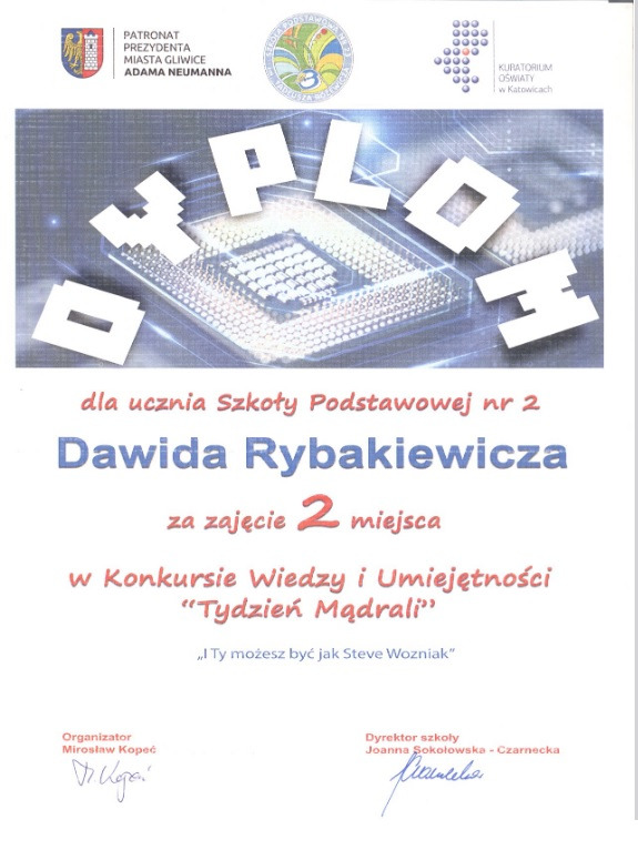 Dyplom dla Dawida Rybakiewicza za zajęcie 2 miejsca w Konkursie Wiedzy i Umiejętności "Tydzień Mądrali". 