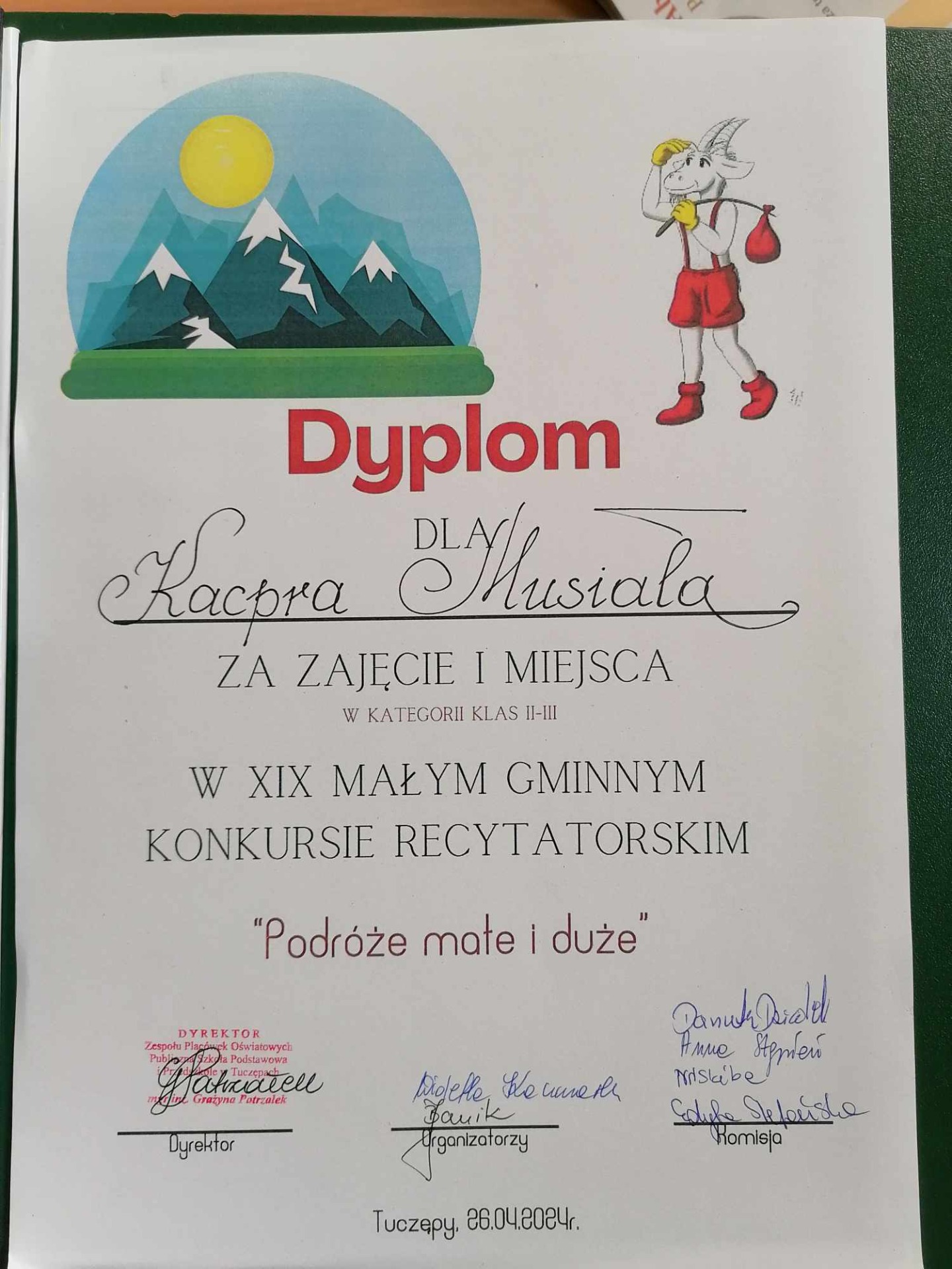 Dyplom za zajęcie pierwszego miejsca w konkursie