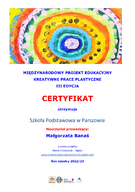 Certyfikat dla szkoły - Kreatywne Prace Plastyczne - Obrazek 1