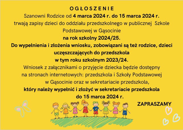 UWAGA! Rekrutacja do oddziałów przedszkolnych w Szkole Podstawowej w Gąsocinie 2024/2025 - Obrazek 1