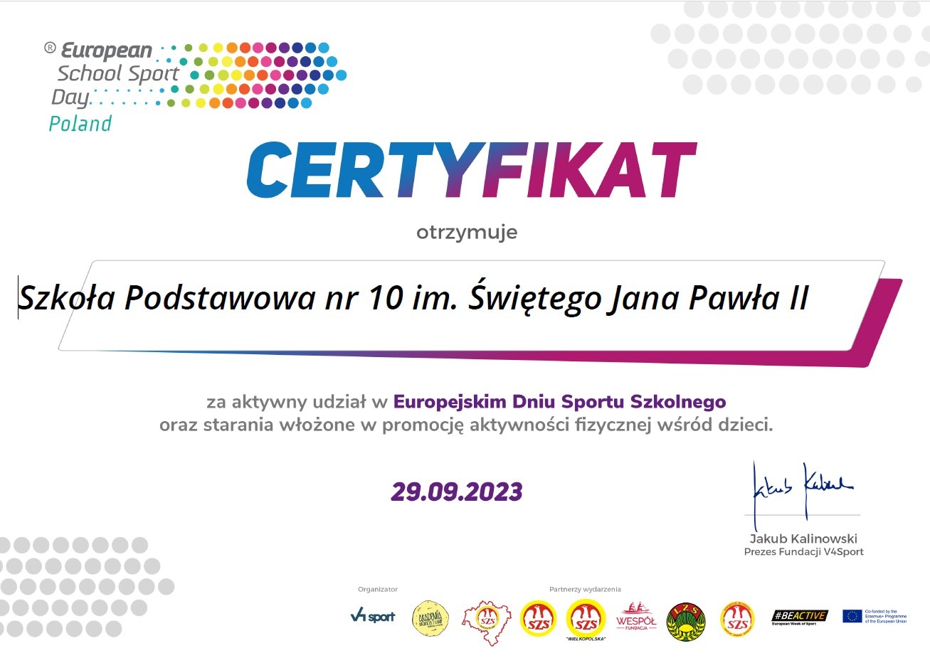 Otrzymaliśmy certyfikat za udział w Europejskim Dniu Sportu Szkolnego - Obrazek 1