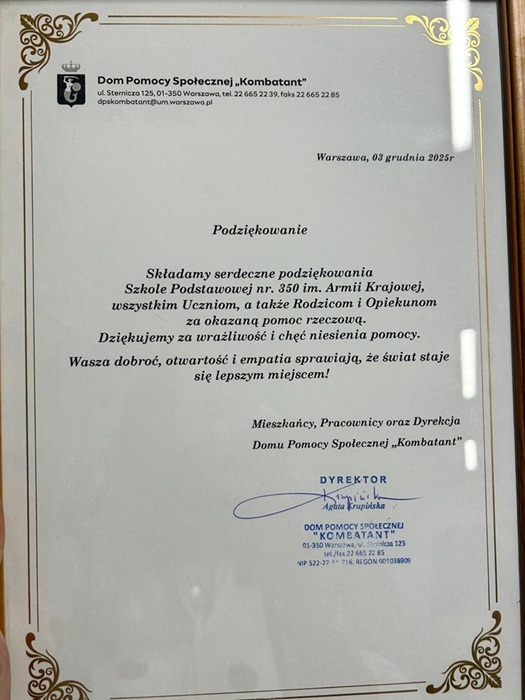 List z DPS z podziękowaniami dla dzieci.