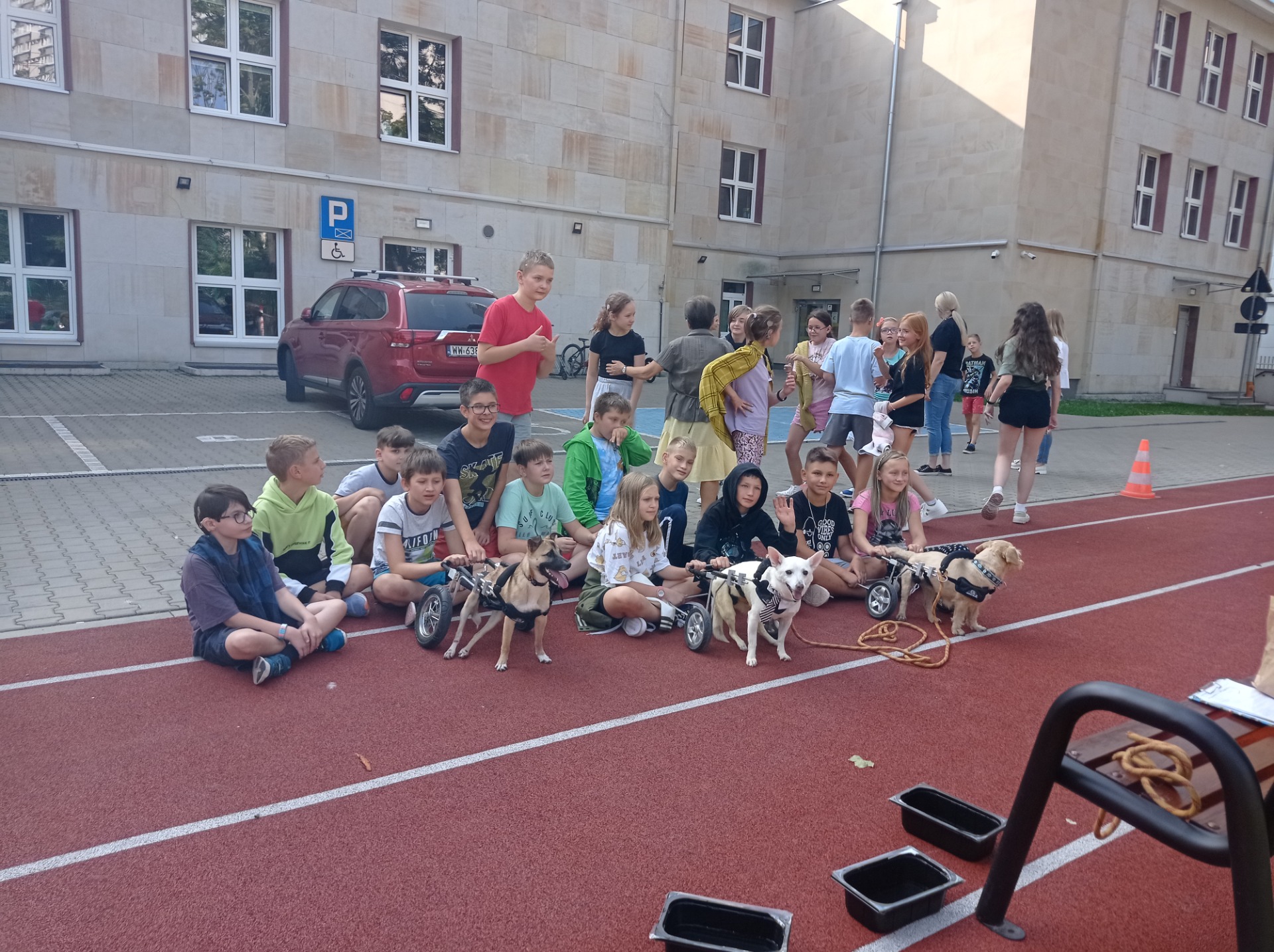 Uczniowie z psami na wózkach.