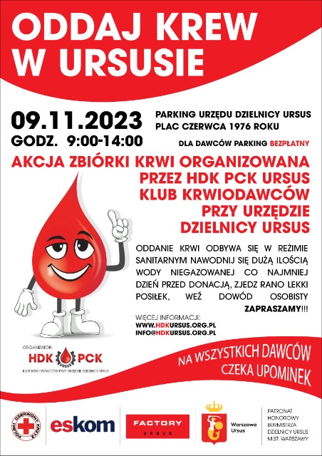 Plakat "Oddaj krew w Ursusie" 09.11.2023