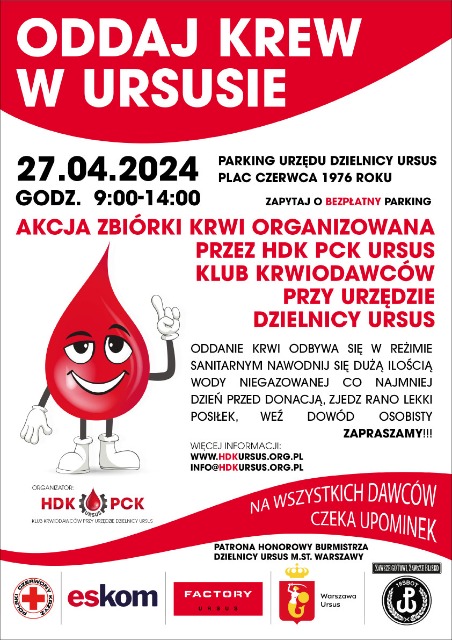 Plakat informujący o akcji zbiórki krwi "Oddaj krew w Ursusie" 