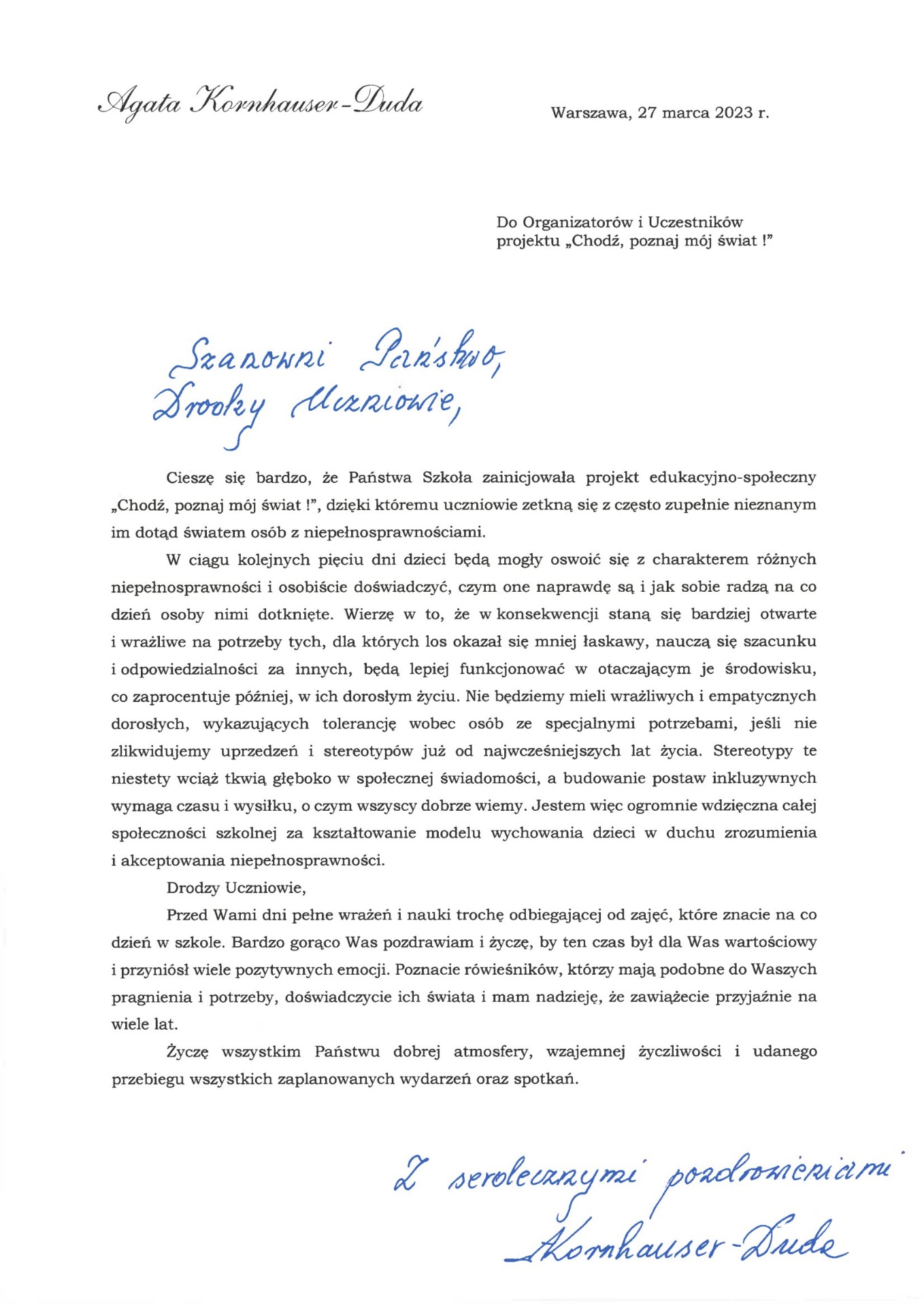 List Pani Prezydentowej Agaty Kornhauser-Dudy