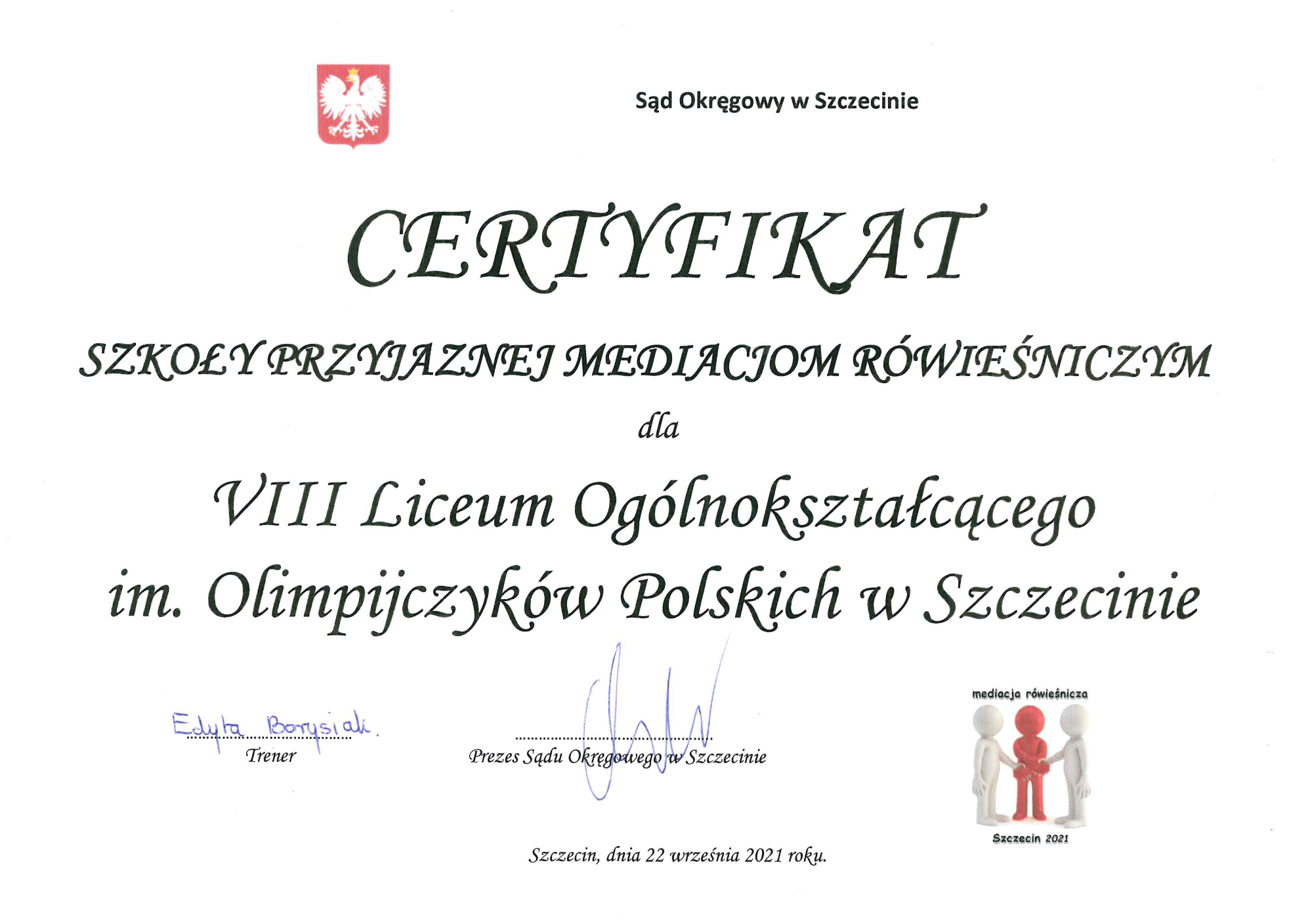 Certyfikat dla VIII LO - Obrazek 1
