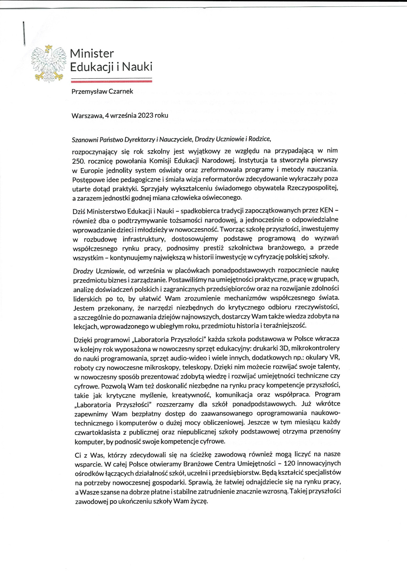 List Ministra Edukacji i Nauki p. Przemysła Czarnka na rozpoczęcie nowego roku szkolnego 2023/2024  - Obrazek 1