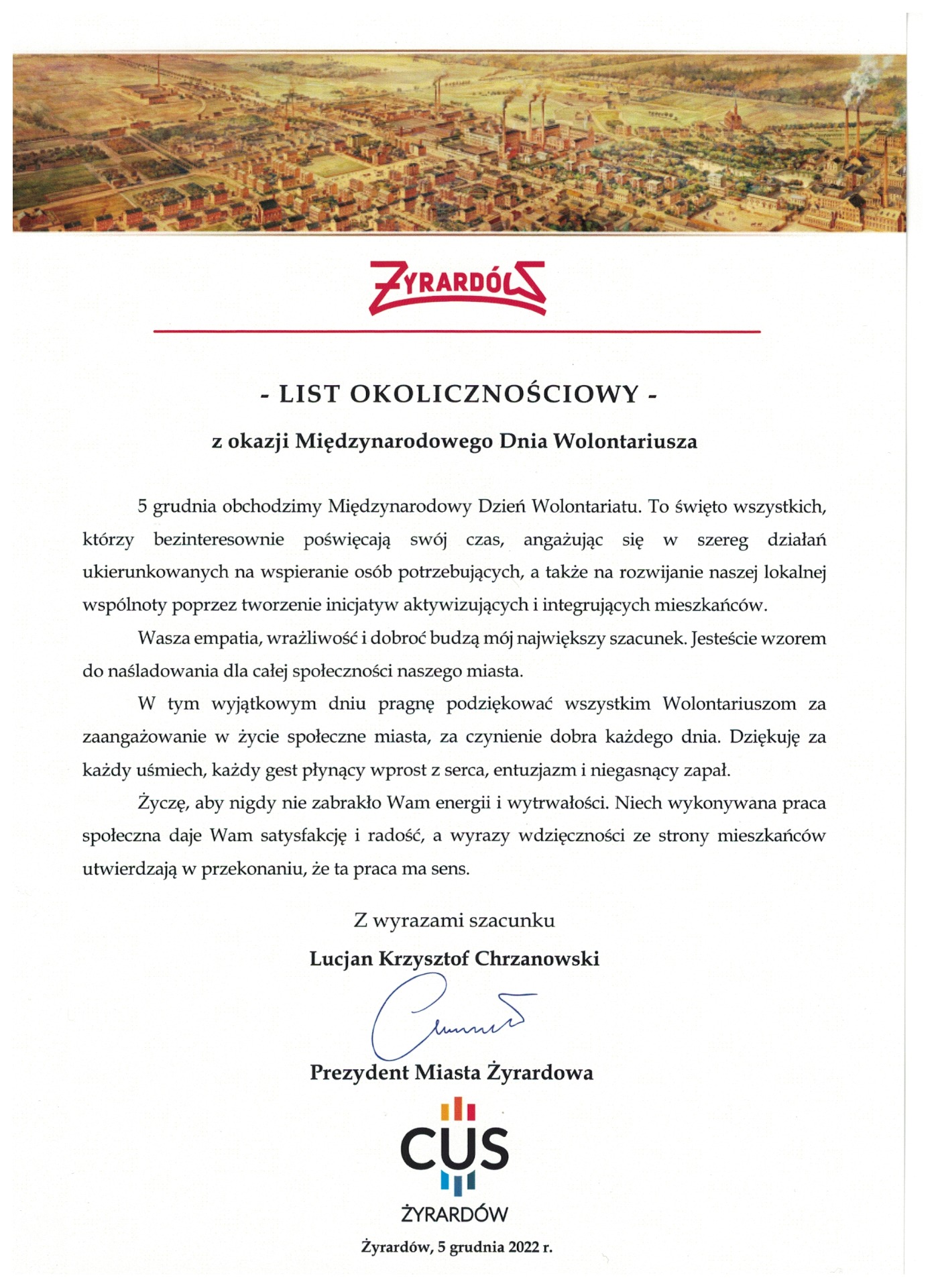 List okolicznościowy wręczany wolontariuszom przez Prezydenta Lucjana Krzysztofa Chrzanowskiego z okazji Międzynarodowego Dnia Wolontariatu .png