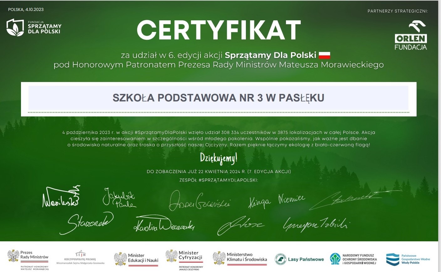 9.11.2023 Certyfikat udziału w akcji Sprzątamy dla Polski, Szkoła podstawowa nr 3 w Pasłęku