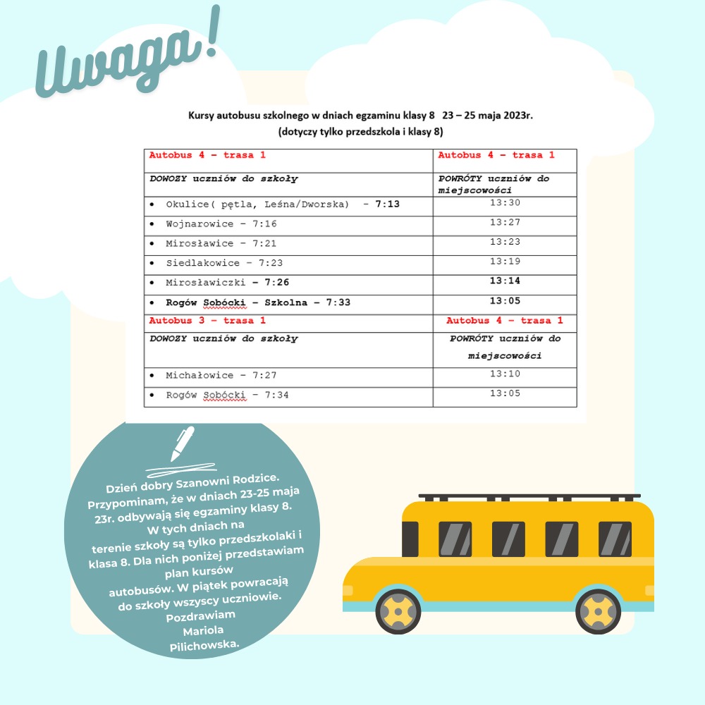 Kursy autobusów szkolnych w dniach egzaminów klasy 8 - Obrazek 1