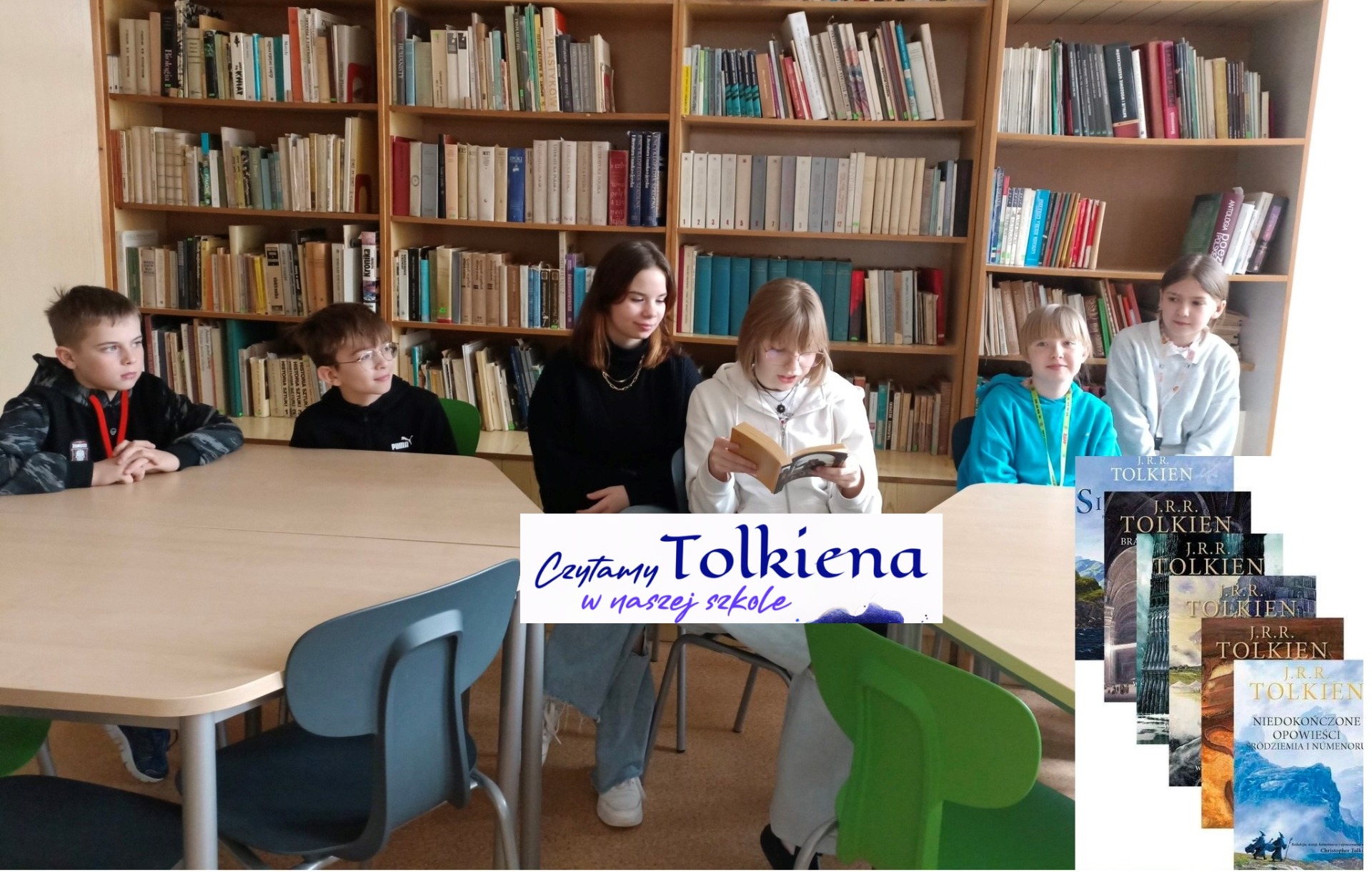 Uczniowie SP Nr 2 im. M. Kopernika w Olecku podczas czytania książek Tolkiena